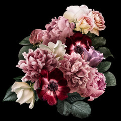 Fototapeta Dark pink peony, white roses, red anemone, purple tulip isolated on black background. Floral arrangement, bouquet of garden flowers. Can be used for wedding invitations, greeting card. obraz