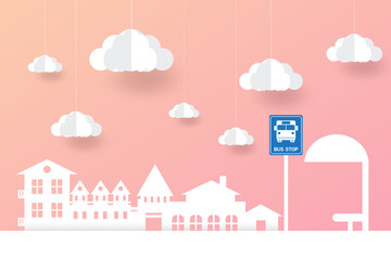 Bus icon, vector illustration, bus stop,  paper art style