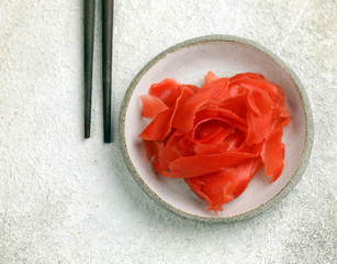 pickled pink ginger in a bowl