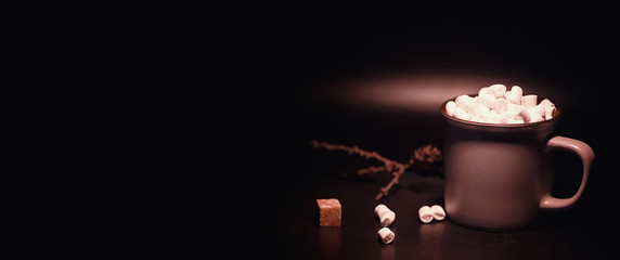 New Year's composition. A cup of hot chocolate with marshmallows.