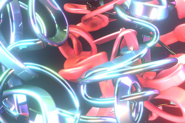 Abstract, messy colorful string neon grow lights. Wallpaper for graphic design. 3D render.