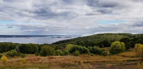 Autumn landscape. Traveling in Ukraine. View of the Dnipro River