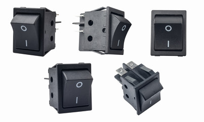 Fototapeta premium Rocker switch or on/off micro switch on white background. used in surge protectors, display monitors, computer power supplies, and many other devices and applications.