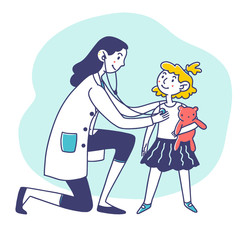 Child with toy visiting doctor. Pediatrician with stethoscope examining girl flat vector illustration. Medicine, examination, healthcare concept for banner, website design or landing web page