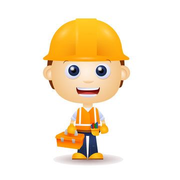 Cartoon building worker. Constructor, builder in helmet holding toolbox vector illustration. Building, construction site, repair concept