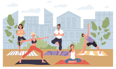 Outdoor yoga workout. Active people practicing in city park flat vector illustration. Body training, activity, wellness concept for banner, website design or landing web page