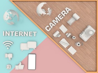 The top view is a simulation of simulated world,wifi symbol and Smartphone white screen,resting On a Pink and blue pastel table And camera,Film roll,resting On a wooden table,illustration,3D rendering