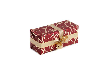 packaged rectangular gift in burgundy packaging with gold bow and gold pattern on the white background