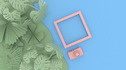 The leaves and green palm overlap to form art dimensions, there is a camera and a pink picture frame on the side, Concept art, Isolated on Blue and green pastel Background, illustration, 3D rendering.