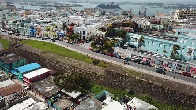 Multicolored Residental Buildings and Street in San Juan, Puerto Rico, Aerial View of La Perla Neighborhood