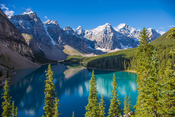 Moraine Lake in the Valley of the Ten Peaks in Banff National Park in the Canadian Rockies in...