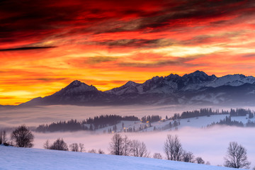 Views on Tatra Mountain in winter scenery from Lapszanka Pass.