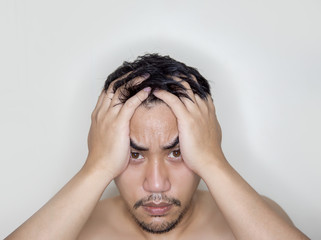 depress complicated introvert asian man with beard and in serious action white background