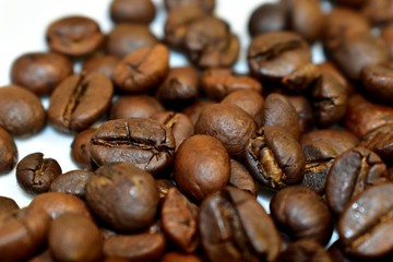 Roasted coffee beans on a substrate.
