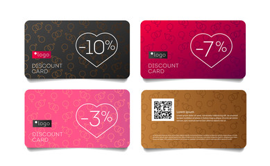 Set of discount cards with gender female and male sign pattern and sale percent in heart