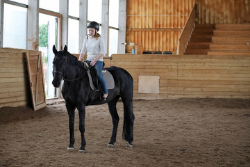 People on a horse training in a wooden arena