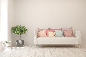 Stylish room in white color with sofa. Scandinavian interior design. 3D illustration