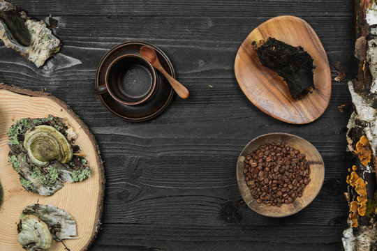 Coffee Superfood Trend, Birch Mushroom Chaga, Lion's Mane Mushroom, Monkey Head Mushroom, Cordyceps, Dry And Fresh Mushrooms And Coffee Beans On Dark Background