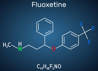 Fluoxetine molecule, is antidepressant of the selective serotonin reuptake inhibitor SSRI. Structural chemical formula on the dark blue background
