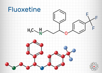 Fluoxetine molecule, is antidepressant of the selective serotonin reuptake inhibitor SSRI. Structural chemical formula and molecule model. Sheet of paper in a cage