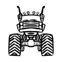 Monster truck icon. Black contour ink silhouette. Front view. Vector drawing. Isolated drawing on a white background. Isolate. © far700