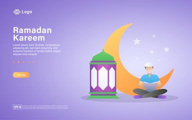 Reading the holy Quran flat design concept. Women reading the Quran in the month of Ramadan, Muslims reciting verses. Can use for web landing page, banner, ui. Vector Illustration