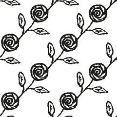 Black contour roses flowers on a white background. Seamless pattern. Vector drawing. Texture.