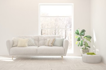 Stylish room in white color with sofa and winter landscape in window. Scandinavian interior design. 3D illustration