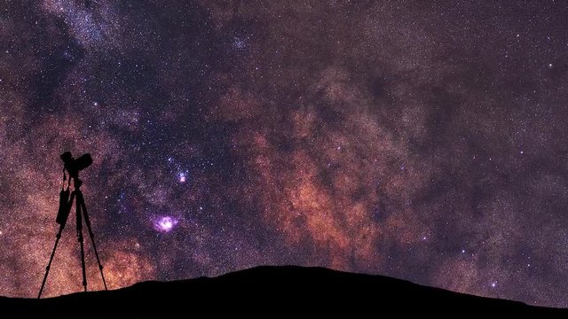 Close up milky way animation. Silhouette of a camera on the tripod at the starry night and bright milky way galaxy.