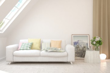 Stylish room in white color with sofa. Scandinavian interior design. 3D illustration
