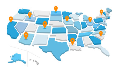 Fototapeta Mappa degli stati uniti d'america con icone gps. Illustrazione vettoriale isolata sullo sfondo bianco obraz