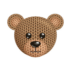 Illustration of a funny knitted bear toy head. On white background