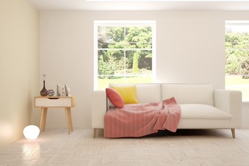 Stylish room in white color with sofa and summer landscape in window. Scandinavian interior design. 3D illustration