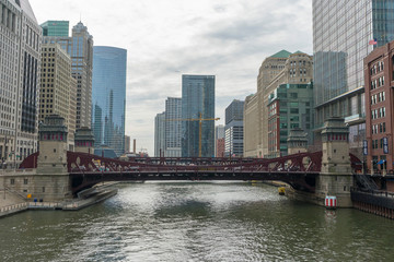 Chicago Skyline. Chicago downtown and Chicago River with bridges, Chicago city, USA.