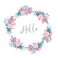 Invitation. Wedding or birthday card. Floral frame. Watercolor background with pink flowers and green leaves. Boho style. Beauty isolated bouqet circle gold frame background