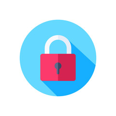 flat vector icon on white background, closed lock in a blue circle with a shadow, hacked protection