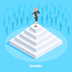 isometric vector image on a blue background, a woman in a business suit stands on top of a white pyramid, people silhouettes