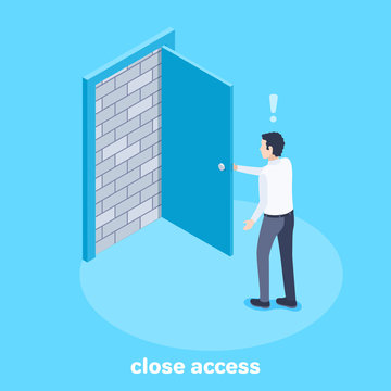 isometric vector image on a blue background, a man stands in front of an open door behind which a brick wall, closed access