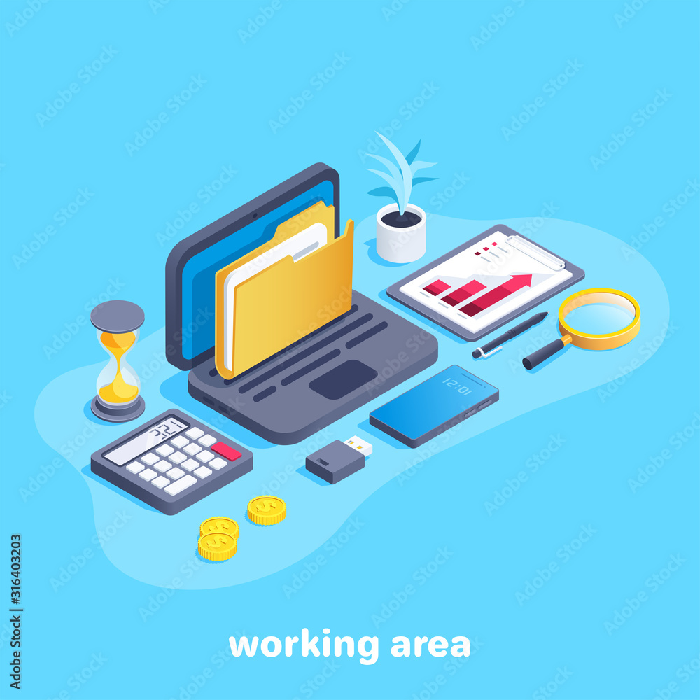 Poster isometric vector image on a blue background, a set of elements on a business theme, a laptop with a 