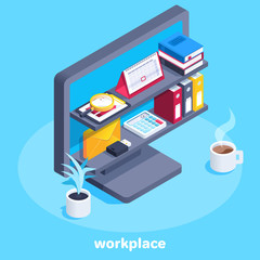 isometric vector image on a blue background, a set of elements on business subjects, on the shelves in the computer screen are different items for work, books next to the calendar and documentation