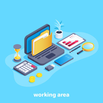isometric vector image on a blue background, a set of elements on a business theme, a laptop with a folder on the screen and a calculator next to an hourglass, a smartphone and a magnifying glass