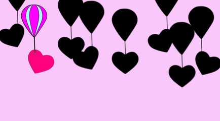 Flight on strong contrasts between color and shadows. Group of hearts flying in a hot air balloon. Illustration on light background. Feelings in the air.