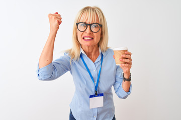 Businesswoman wearing glasses and id card drinking coffee over isolated white background annoyed and frustrated shouting with anger, crazy and yelling with raised hand, anger concept