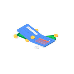 Isometric coins, banknotes and cards. Vector illustration of gold and silver funds, green notes on blue wallet