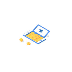 Isometric security mobile application. Vector illustration of golden coins with phone app