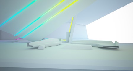 Abstract architectural white interior of a minimalist house with colored neon lighting. 3D illustration and rendering.