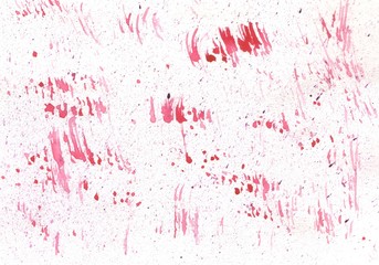Abstract pink watercolor texture on white background. The color brush strokes and splatters in the paper. Hand drawn design illustration.