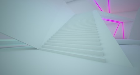 Fototapeta premium Abstract architectural white interior of a minimalist house with colored neon lighting. 3D illustration and rendering.