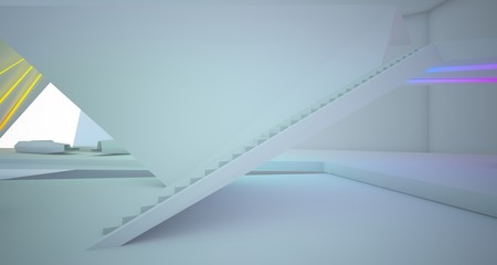 Abstract architectural white interior of a minimalist house with colored neon lighting. 3D illustration and rendering.