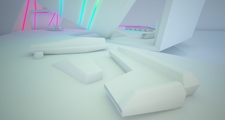 Abstract architectural white interior of a minimalist house with colored neon lighting. 3D illustration and rendering.